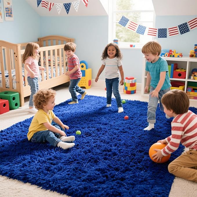 Area Rugs for Bedroom Living Room, 9x12 Soft Large Fluffy Fuzzy Shag Plush Furry Carpet, Soft Indoor Floor Mat for Kids Nursery Home Dorm Office Decor Aesthetic, Blue