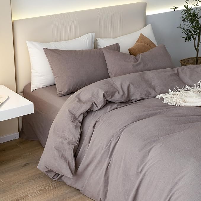 JIYUAN 100% Washed Cotton Duvet Cover Set 3 Pieces Queen, 1 Duvet Cover 90x90 Inches(Comforter Not Included) and 2 Pillowcases,Linen Feel Bedding Set Comfy and Breathable, Heathered Mauve Brown