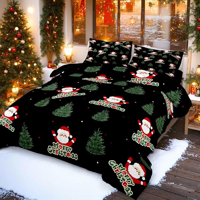 Bedorm Green Christmas Tree Comforter Santa Claus Bedding Set Merry Xmas Holiday Bedroom Decor White Snowflake Black Winter Comforter Set Queen Size