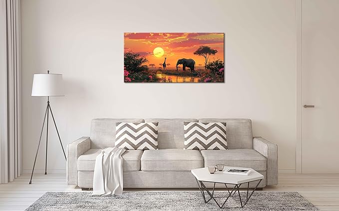Giraffe and Elephant on Grassland Wall Art Decor Artwork for Bedroom (30x60 Inches)