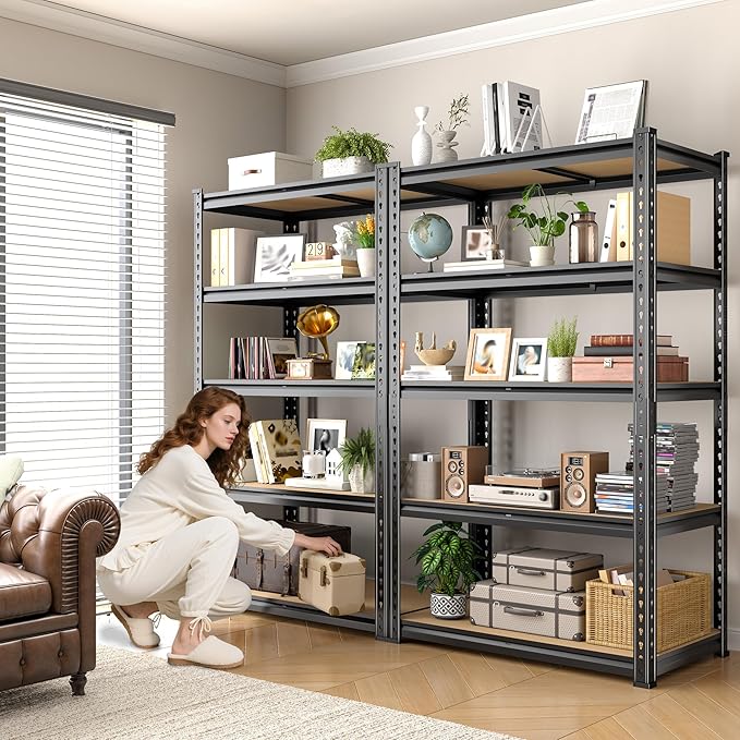 Set of 2 Storage Shelves, 27.7"W Metal Shelving 2010LBS Garage Shelving Heavy Duty Garage Shelves Adjustable Metal Shelf for Pantry Kitchen Closet Basement Warehouse 11.9"D × 27.7"W × 60"H