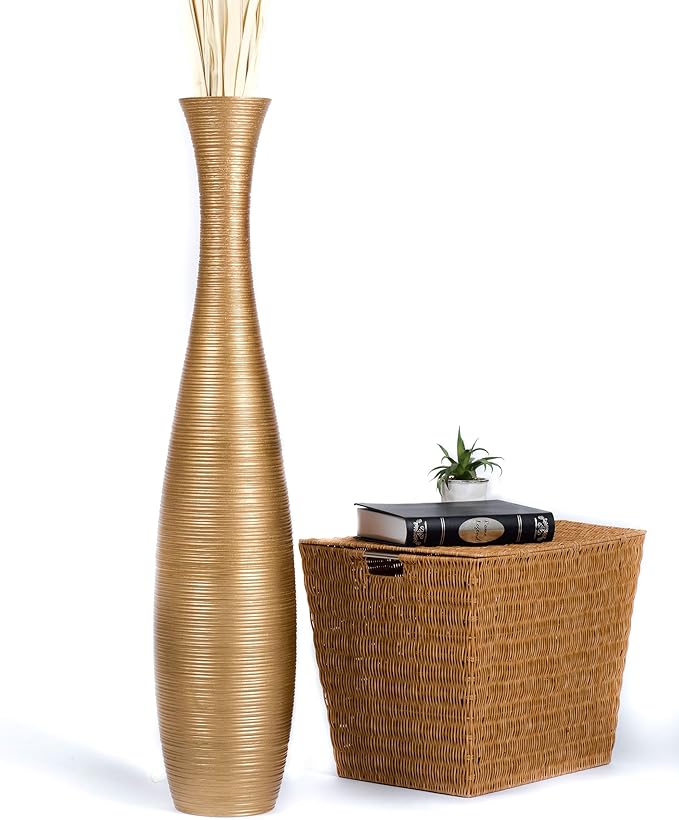 Leewadee Large Gold Home Decor Floor Vase – Wooden 41 inches Tall Farmhouse Decor Flower Holder for Fake Plant and Pampas Grass
