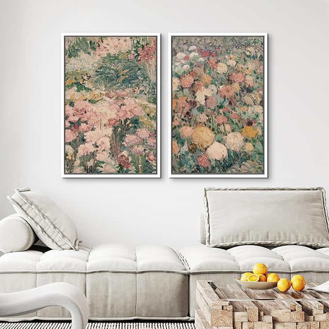 MUDECOR Framed Canvas Print Wall Art Impressionist Floral Garden Vintage Botanical Illustrations Modern Art Decorative Bohemian Colorful Chic for Living Room, Bedroom, Office - 24"x36"x2 White