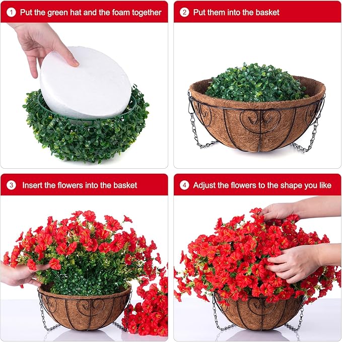 Artificial Fake Hanging Flowers Plants in Basket for Outdoor Decoration, 12 Pcs Faux Morning Glory in Planter Realistic UV Resistant Silk Flowers for Home Porch Patio Balcony Yard Outside, Red