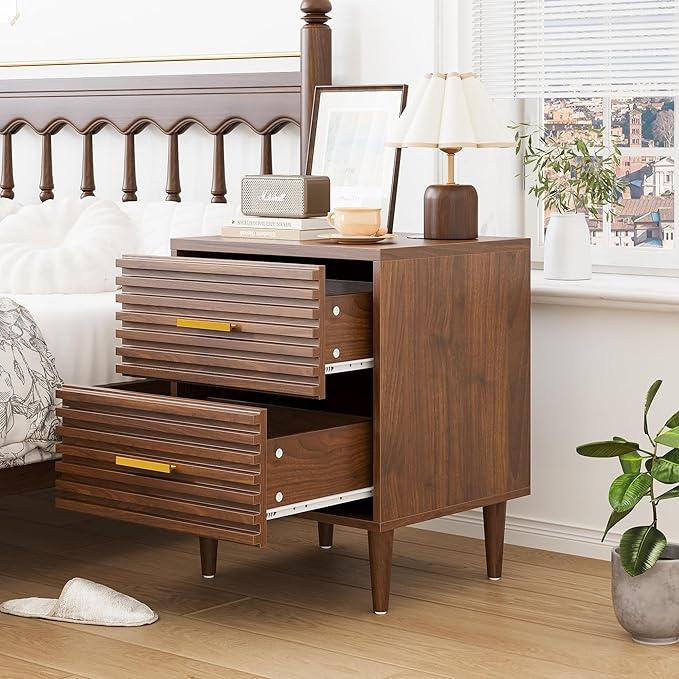 Alohappy Nightstands Set of 2, Mid Century Modern Night Stands, Fluted Bedside Table for Bedroom, Side End Table with Storage Drawers, Vintage Wood Accent Table for Living Room, Brown 2pcs