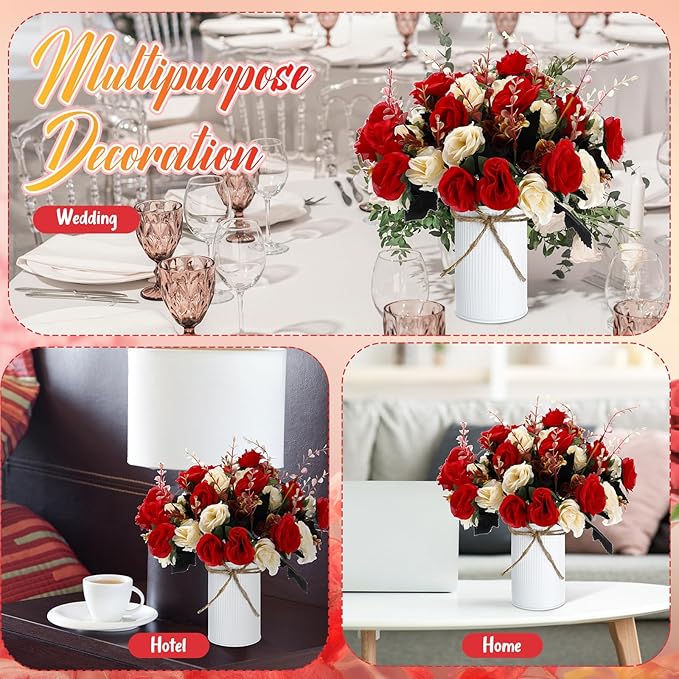 Domensi 6 Sets Wedding Centerpiece for Table Artificial Rose with Vase Fake Bouquets and Metal Pot Floral Arrangements for Holiday Party Event Table Decor (Red)