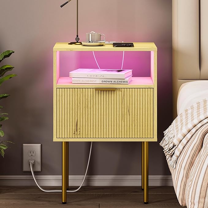 Nightstand with Charging Station, Bedside Table with Storage Drawer, Fluted Side Table for Living Room, Bedroom