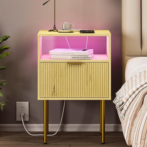 Nightstand with Charging Station, Bedside Table with Storage Drawer, Fluted Side Table for Living Room, Bedroom