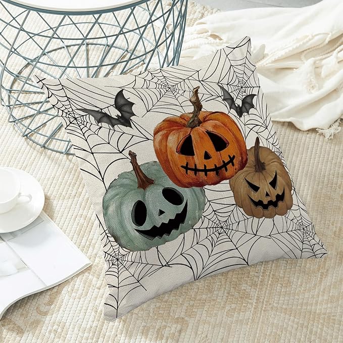 Halloween Decor Pillow Covers 18x18 Set of 2 Black Spider Web Orange Pumpkin Bat Throw Pillow Covers Outdoor Decoration Autumn Pumpkin Pillowcase Farmhouse Decorative Cushion Case for Home Sofa