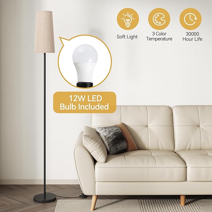 SUNMORY Floor Lamps for Living Room/Bedroom/Office, Standing Lamp with LED Bulb, 3 Color Temperature Tall Lamp, Suitable for Modern/Boho/Farmhouse and Other Home Decor Styles, Black Corner Floor Lamp