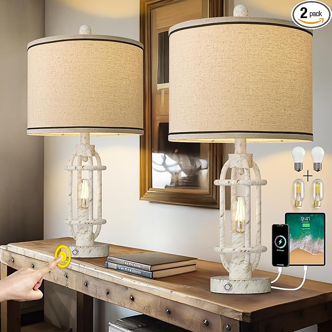 23.75'' Table Lamps Set of 2 for Living Room Bedroom Industrial Farmhouse Metal Touch Lamps with USB A+C Ports, Night Light Vintage Nightstand Bedside Lamp, Bulbs Included, White