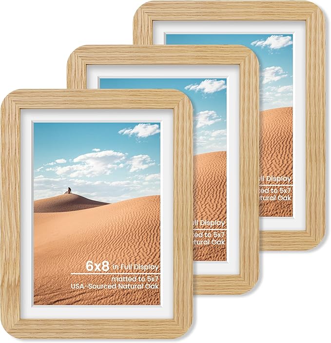6x8 Round Corner Picture Frame, Solid Oak Wood Frame With Mat For 5x7 And Plexiglass, Includes Hanging Hardware For Wall Or Tabletop Photo Frame, Natural Oak, 3 Pack