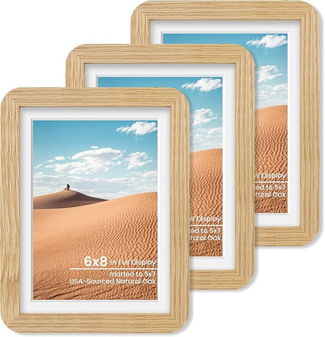 6x8 Round Corner Picture Frame, Solid Oak Wood Frame With Mat For 5x7 And Plexiglass, Includes Hanging Hardware For Wall Or Tabletop Photo Frame, Natural Oak, 3 Pack