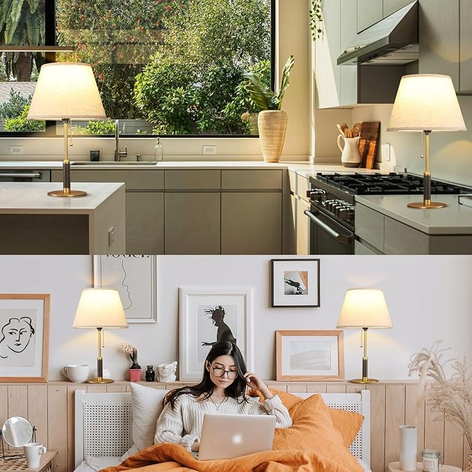 21" Bedside Lamps Set of 2 for Bedroom Living Room Modern Table Lamp Nightstand Lamp for End Tables 3-Color Temperatures Pull Chain Wood Fabric for Home/Office/Desk Decor (Light Brown+Brass)