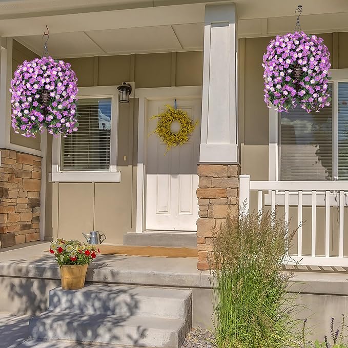 Artificial Faux Fall Hanging Flowers Plants Baskets for Outdoor Outside, Fake Silk Light Fuchsia and Fuchsia Orchid Trailing Vines in Planter Realistic UV Resistant for Balcony Porch Decor