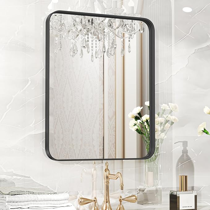 Fun Memories Black Bathroom Mirror 16x20 Inch Bathroom Vanity, Metal Black Frame Large Mirror, Modern Wall Mirror for Bathroom, Tempered Glass, Farmhouse, Horizontally or Vertically