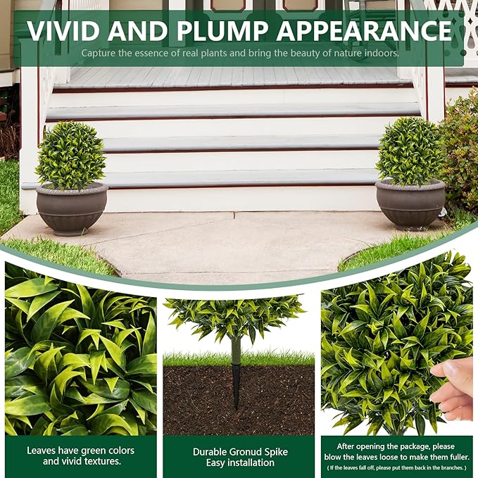 Fake Shrubs Outdoors UV Resistant Faux Plants Topiary Trees Set of 2-27.5'' Artificial Bushes Boxwood Balls Greenery with Ground Spikes for Front Porch, Fake Evergreen Plants Outdoor Decor