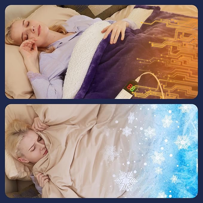 MAXEVE Electric Heated Throw Faux Rabbit Fur Blanket with 8 Heating Levels & 8H Auto Off, Fast Heating Warm Cozy Sherpa Washable Blanket with Over-Heat Protection, ETL Certification, Purple