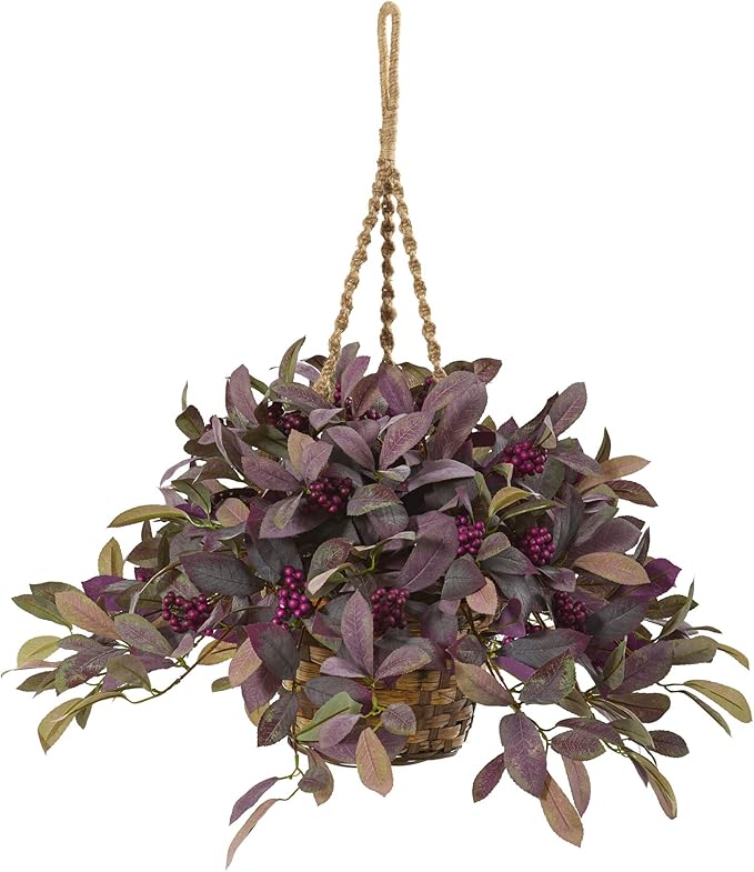 Nearly Natural 28in. Fall Laurel Leaf with Berries Artificial Plant in Hanging Basket