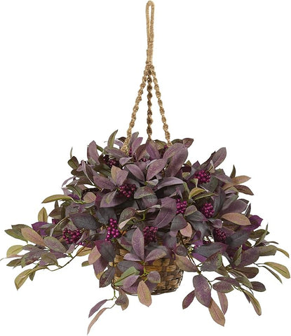 Nearly Natural 28in. Fall Laurel Leaf with Berries Artificial Plant in Hanging Basket