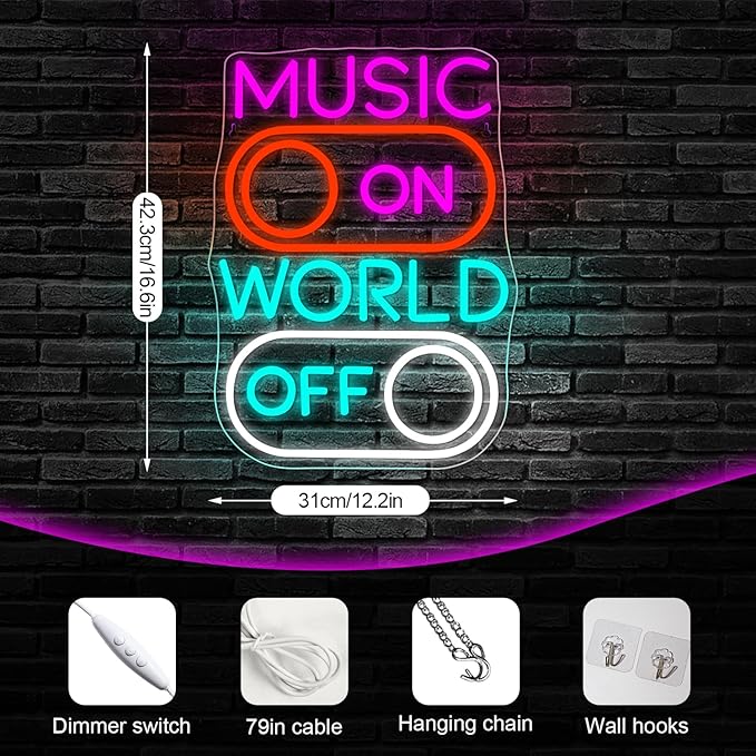 Horseneon Music World Neon Sign LED Neon Lights for Wall Decor Neon Sign Light up Sign for Music Studio, Bar, Club, Party, or Home decor gift for sing lovers