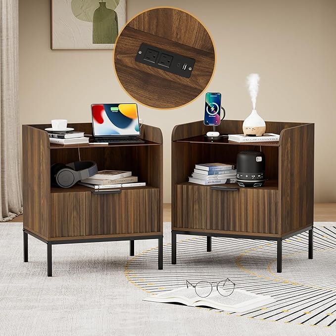 Nightstand Set of 2 with Charging Station, Mid Century Modern Night Stand, Fluted Bedside Table with Glass Top & Metal Legs, Wood End Table for Bedroom, Living Room (Walnut)