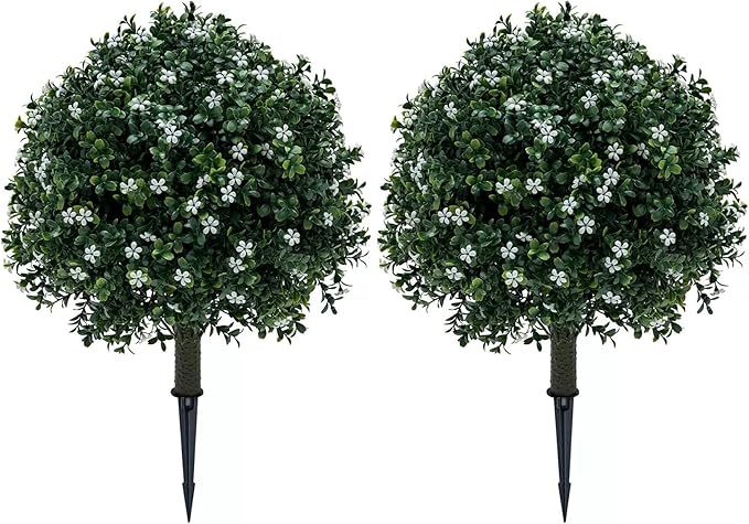 Boxwood Balls Topiary Trees Artificial Outdoor 2 Pack - 25.6in UV Resistant PE Greenery with White Flowers, Sturdy Aluminum Spikes Faux Plants for Patio Garden Porch Decor | Outdoor Artificial Plants