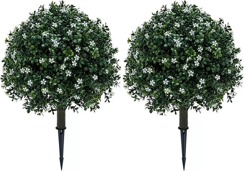 Boxwood Balls Topiary Trees Artificial Outdoor 2 Pack - 25.6in UV Resistant PE Greenery with White Flowers, Sturdy Aluminum Spikes Faux Plants for Patio Garden Porch Decor | Outdoor Artificial Plants