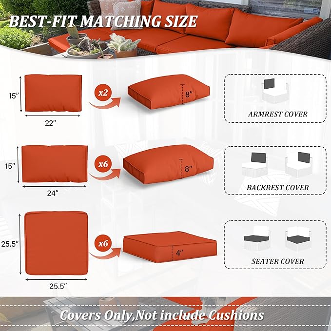 14 Pcs Outdoor Cushion Covers Patio Cushion Slipcovers Replacement Splash Proof with Zipper for Outdoor Furniture, Patio Sofa Couch 3 Sizes, Covers Only