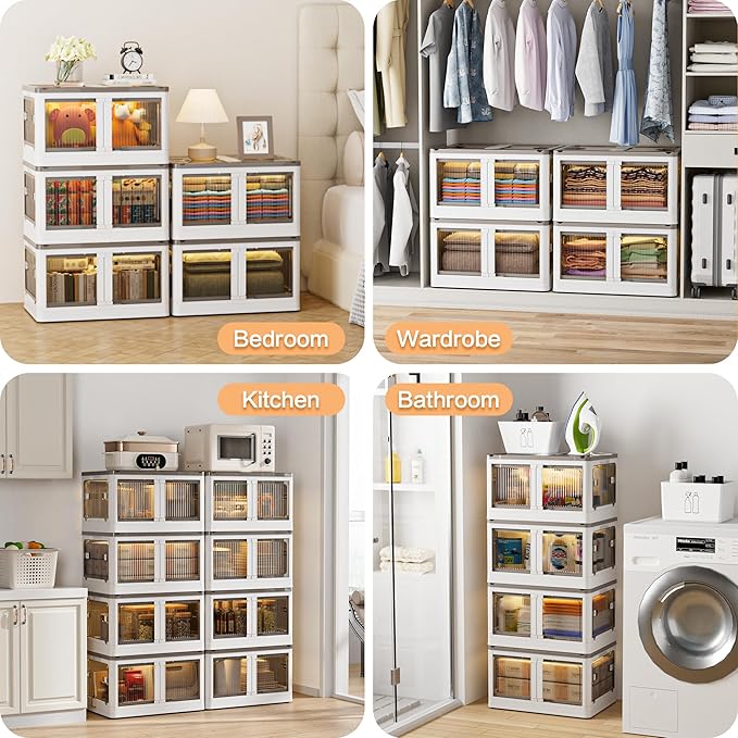 148QT Large Bins Storage with Lids, 36.9 Gal 3 Tier Plastic Stackable Storage Bins with Doors & Wheels, 5-Open Ways Collapsible Storage Bins for Closet Organizers and Storage-Room Office Livingroom