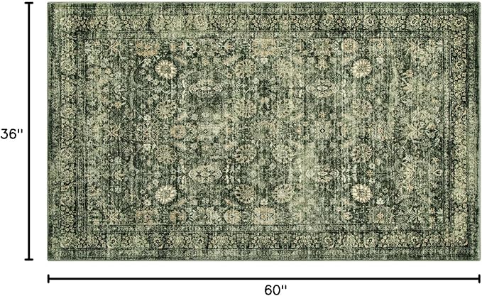 Morebes Vintage Throw Rugs, Boho 3x5 Washable Rug Non Slip,Soft Area Rug for Bedroom,Distressed Non-Shedding Floral Rug for Entryway Kitchen Foyer Bedside Playroom, Grayish Green
