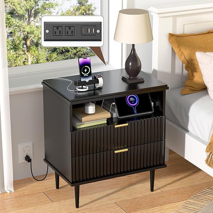 Nightstand with Charging Station, Wide Fluted Nightstand, Wood for Bedroom, Living Room, Black Dresser with Storage Drawers, Bedside Table with Metal Handle & Leg (Black Set of 2, 23.3)