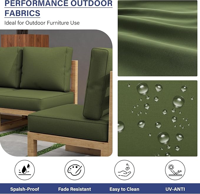 UIXE 24.5" Deep Seat Outdoor Cushion Set with Back Pillows, Patio Furniture Cushions, Sectional Sofa Bistro Chair Cushion - Green, Set of 4