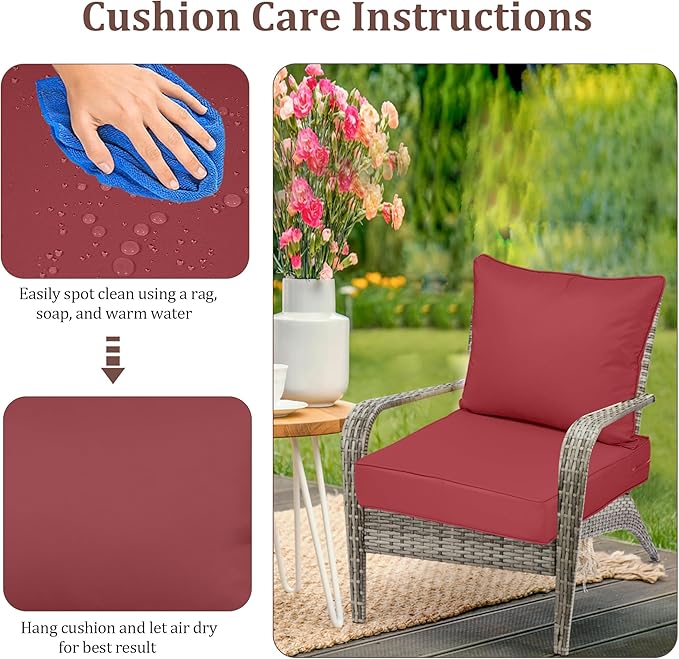 Waterproof Outdoor Chair Cushion Set of 2, 22x22x4 IN Deep Seat Patio Cushions with Fade Resistant Removable Cover,Outdoor Cushions for Patio Furniture with Ties&Handle for Chair Sofa Couch,Wine Red