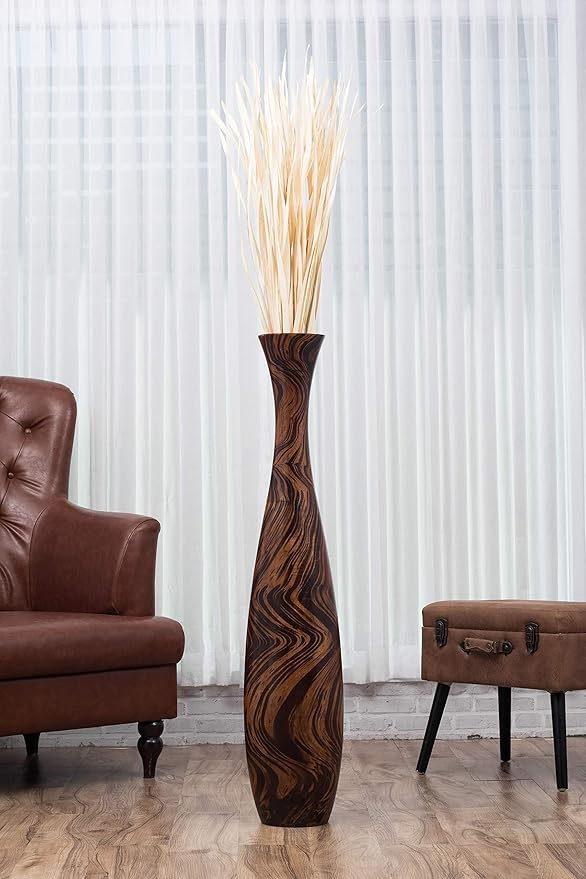 Leewadee Large Brown Light Brown Home Decor Floor Vase – Wooden 41 inches Tall Farmhouse Decor Flower Holder for Fake Plant and Pampas Grass