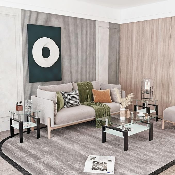 IANIYA 3 Piece Living Room Table Set, Modern Tempered Glass Coffee Table Set, Glass Coffee Table Black Metal Frame End Table for Living Room Apartment Small Space, Clear