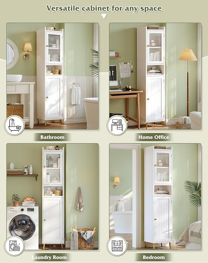 69'' Tall Bathroom Storage Cabinet with 2 Adjustable Shelves, White 6 Tier Narrow Bathroom Cabinet with 2 Doors, Slim Linen Cabinets for Brathroom,Home Office,Wood