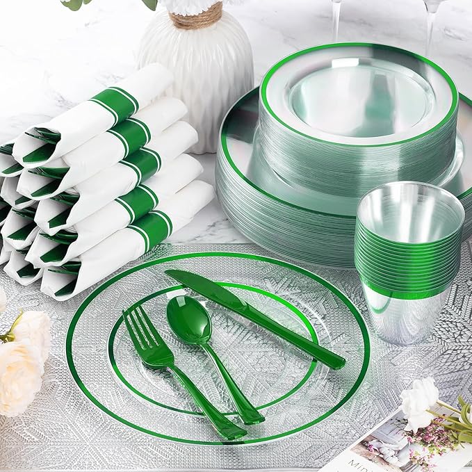 Goodluck 350 Piece Green Plastic Dinnerware Set for Party, Clear Disposable Plates for 50 Guests, Include: 50 Dinner Plates, 50 Dessert Plates, 50 Pre Rolled Napkins with Cutlery Set, 50 Cups