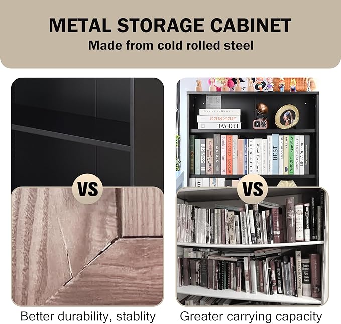 Metal Bookcase with Back Panel, 3 Tier Open Shelf Bookcase with Adjustable Shelves, 31.5 Wide Storage Cabinet Sturdy Steel Cube Shelf Organizer, Free Standing Display Unit