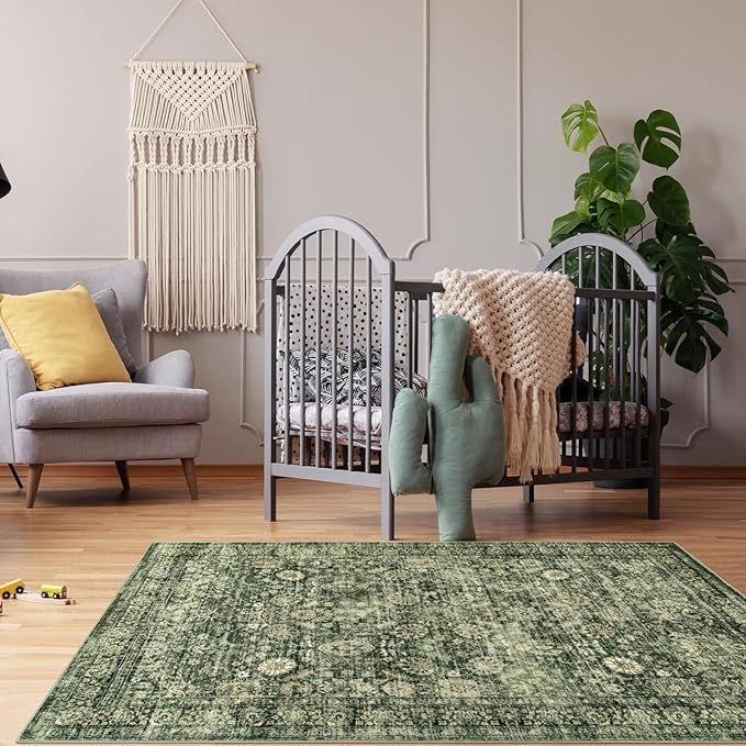 Morebes Vintage Throw Rugs, Boho 3x5 Washable Rug Non Slip,Soft Area Rug for Bedroom,Distressed Non-Shedding Floral Rug for Entryway Kitchen Foyer Bedside Playroom, Grayish Green