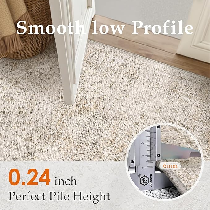 10x14 Beige Vintage Area Rug for Living Room Bedroom Large Traditional Low Pile Soft Carpet Non-Slip Thin Retro Distressed Accent Washable Throw Rug for Dining Room Office Kitchen Indoor