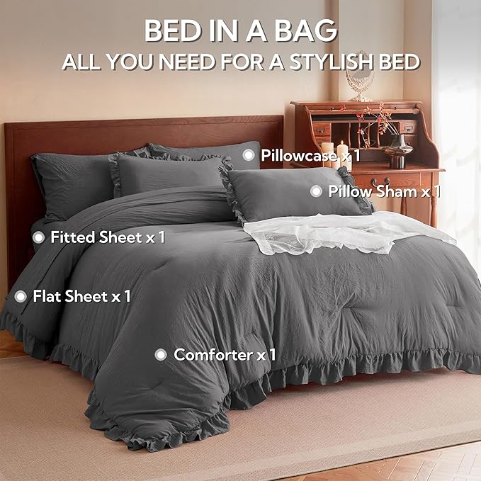 MR&HM Ruffle Comforter Set Dark Grey, Twin Comforter Sets for College Dorm,Boho Bed in a Bag Set 5 Pieces with 1 Comforter,1 Flat Sheet, 1 Fitted Sheet,1 Pillowcases & 1 Pillow Shams for All Seasons