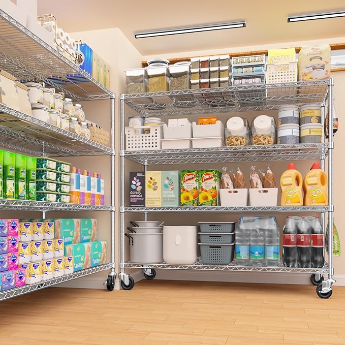 PrimeZone 4 Pack Storage Shelves 55.5"W x 24"D x 76"H 4 Tier with Wheels, Adjustable Wire Shelving Garage Heavy Duty Shelves Unit, Rolling Metal Organizer Shelf Utility Rack Warehouse, Pantry, Chrome