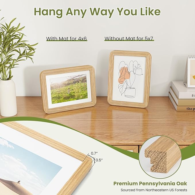 5x7 Round Corner Picture Frame, Solid Oak Photo Frame Matted For 4x6 With Plexiglass, Ready To Hang On Wall Or Stand As Tabletop Framing, Natural Oak, 3 Pack