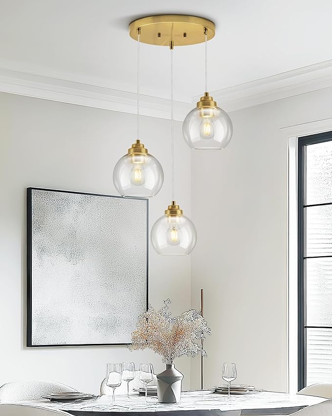 Gold Cluster Pendant Light, 3-Light Globe Hanging Light Fixture, Kitchen Island Lighting with Clear Glass for Dining Room Living Room Laundry Entrance Foyer, ZCPL101BG-3C