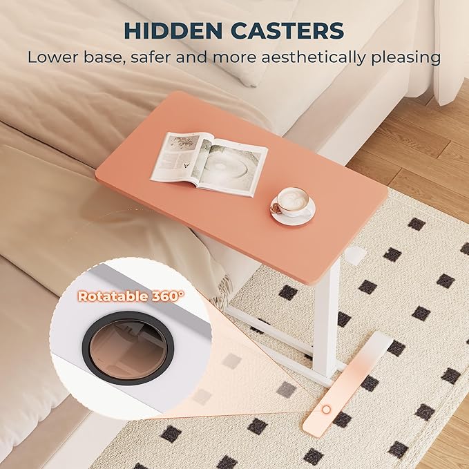 Medical Overbed Adjustable Bedside Table with Hidden Casters, Pneumatic Mobile Rolling Laptop Standing Desk with Tray for Home and Hospital Use, Pink