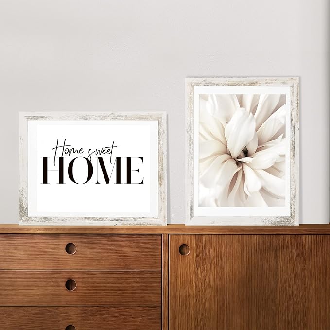12x16 Picture Frame Set of 2, Distressed White Wood Style - Display 12 x 16 Poster without Mat or 11x14 Picture with Mat, Wall Mounting Horizontal and Vertical