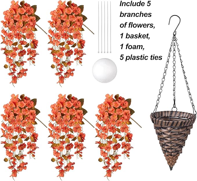 Ivydale Fall Artificial Hanging Flowers with Basket for Outdoors Decoration, Realistic Fake Hibiscus Vines Faux Plants Silk Flowers for Planters Outside Home Patio Porch Balcony, Fall Orange