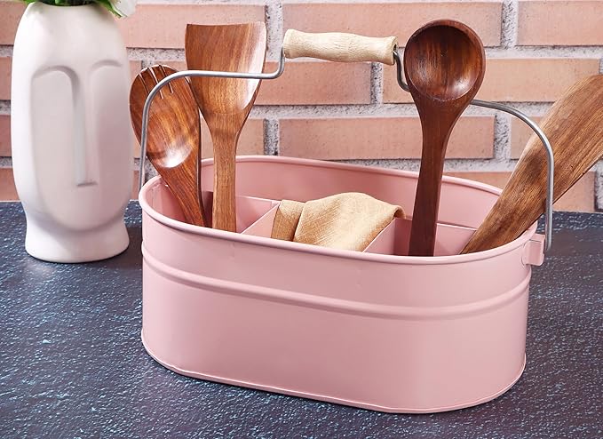 Alpha Living Home Farmhouse Utensil Caddy - 4 Compartment Silverware & Kitchen Organizer with Sturdy Wooden Handle, Heavy Duty Metal Alloy Utensil Holder Durable Powder-Coated Finish (Pink)