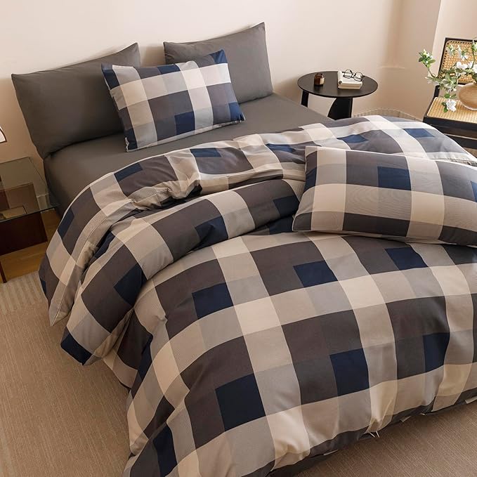 CLOTHKNOW Plaid Comforter Set King Gingham Buffalo Bedding Comforter Sets Blue Grey Khaki Brown Beige Geometric Comforter King Sets with 2 x Pillow Cases